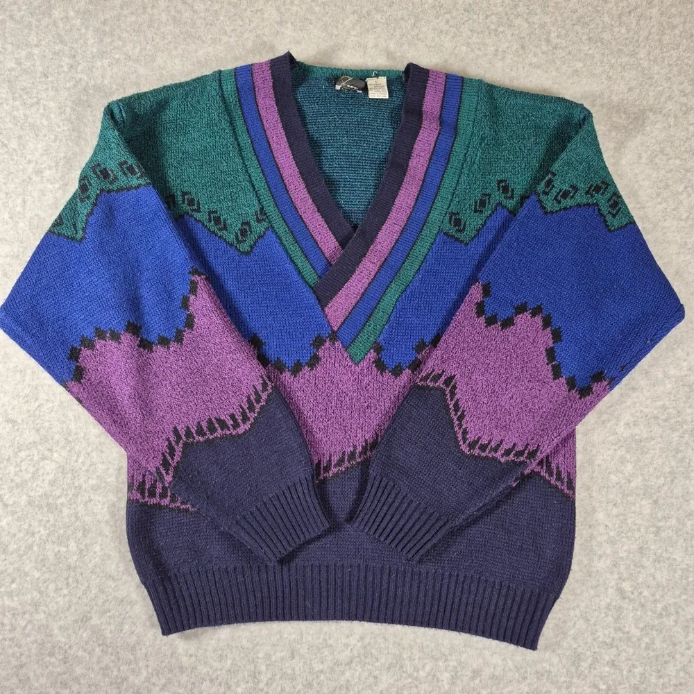 Vintage Jed Wear Sweater Mens Large Multicolor 80s Geometric V-Neck Knit Retro